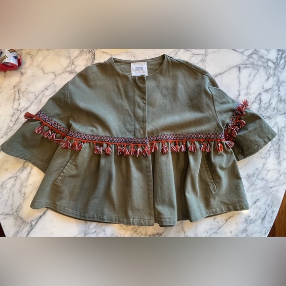 ZARA BASIC Dept. Z1975 DENIM Bell Sleeve Cotton Jacket W/ Fringe Trim L Olive - Picture 4 of 12